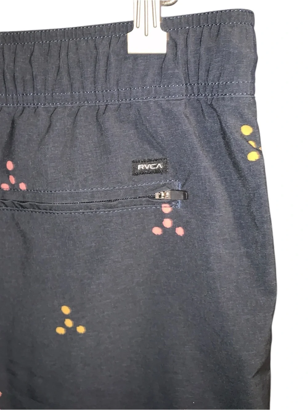 RVCA Men’s Large Navy Blue Swim Shorts with Pink & Yellow Dot Clusters